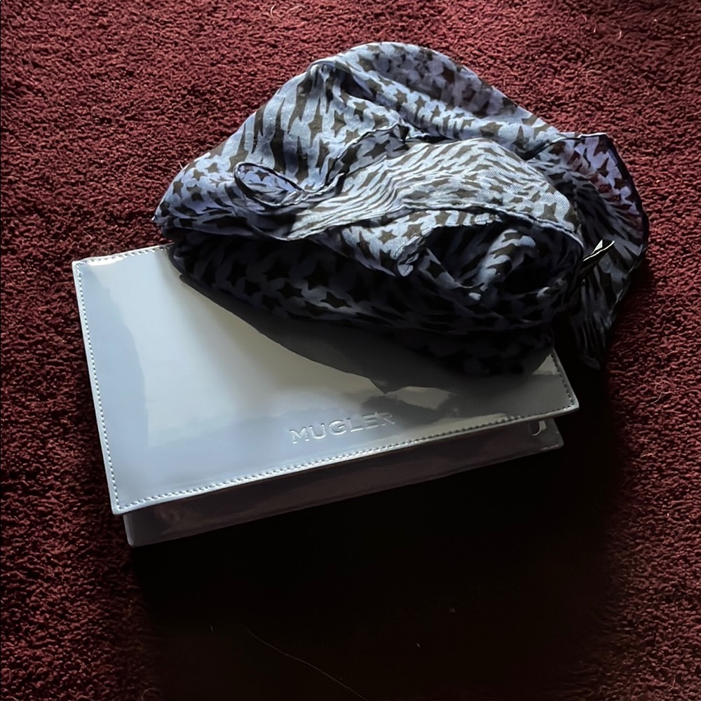 Mugler blue and Black Scarf with periwinkle Clutch